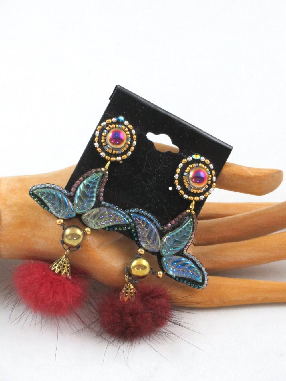 Handmade Artisan earrings with fur puff
